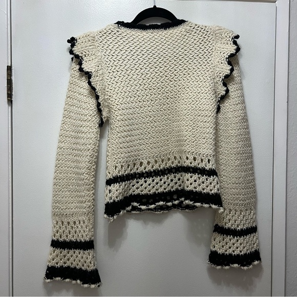 Mango Ruffle Flare Sleeve Sweater Open Knit Cream Black XS Crewneck Pullover - Picture 9 of 11
